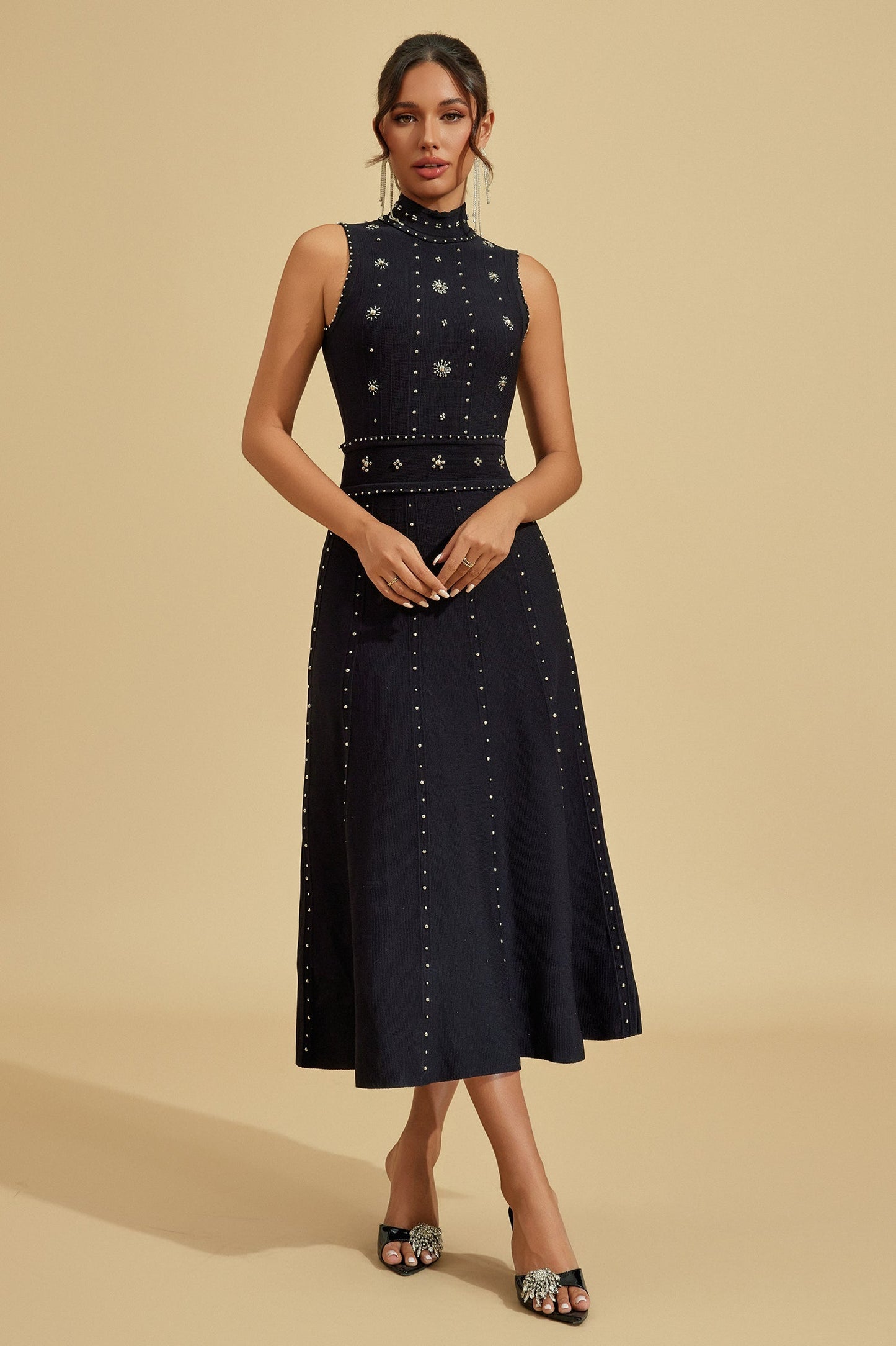 Elegant Embroidered High-Neck Midi Dress – A Statement of Sophisticated Style