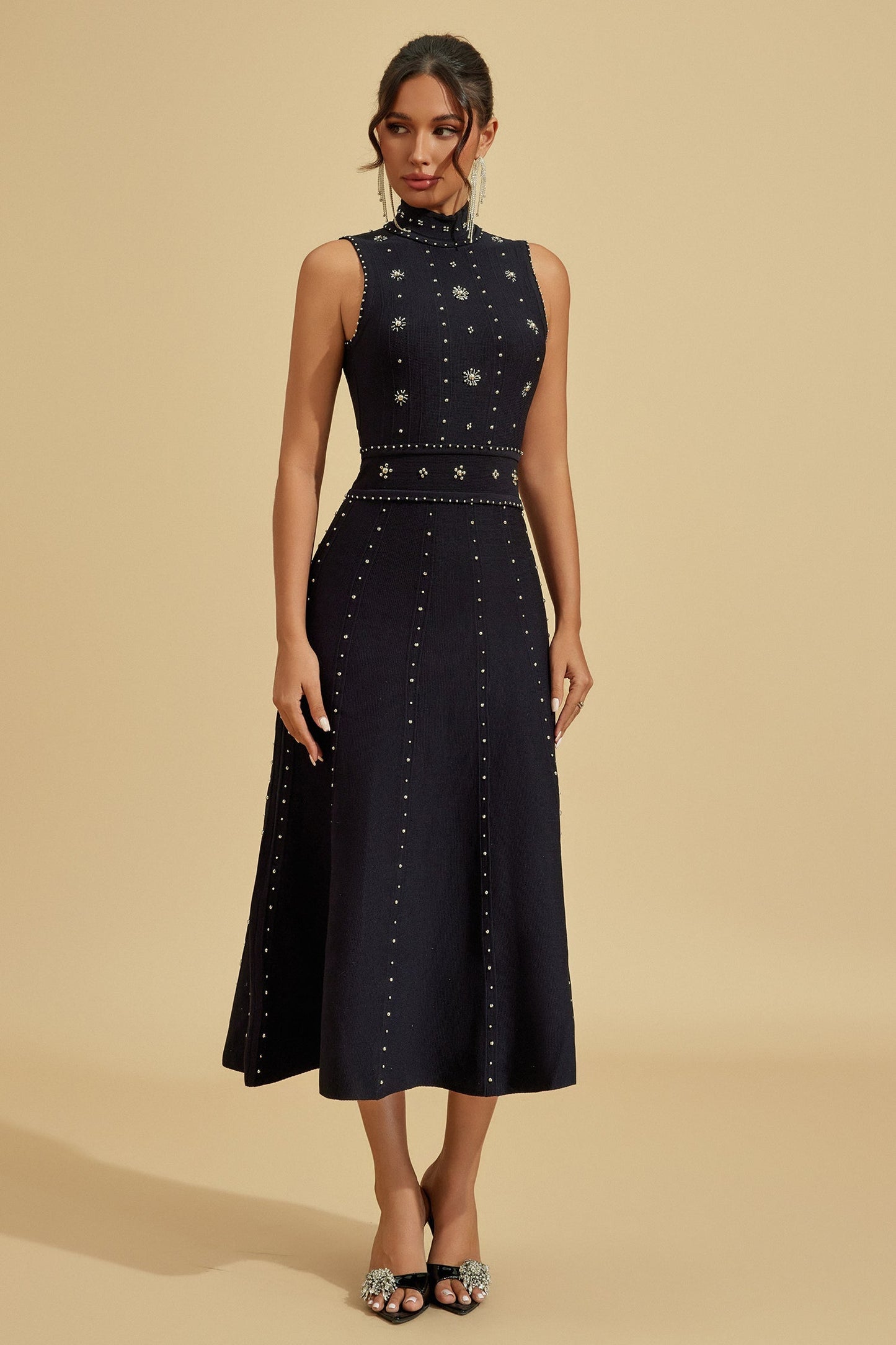 Elegant Embroidered High-Neck Midi Dress – A Statement of Sophisticated Style