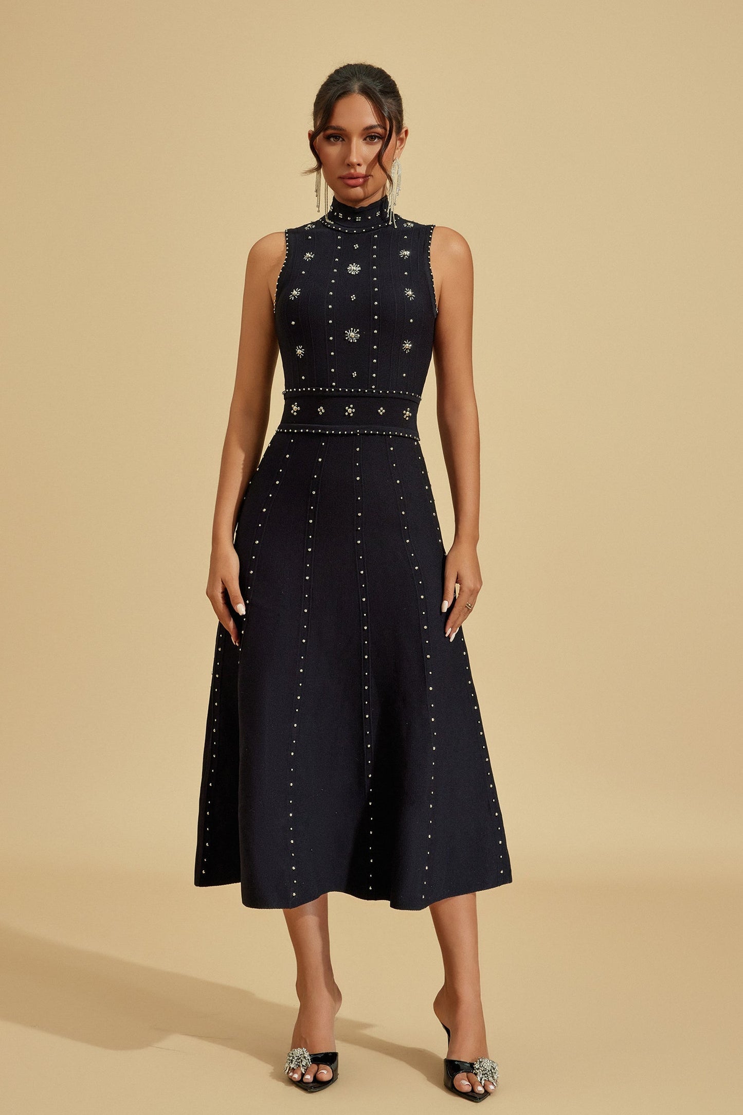 Elegant Embroidered High-Neck Midi Dress – A Statement of Sophisticated Style