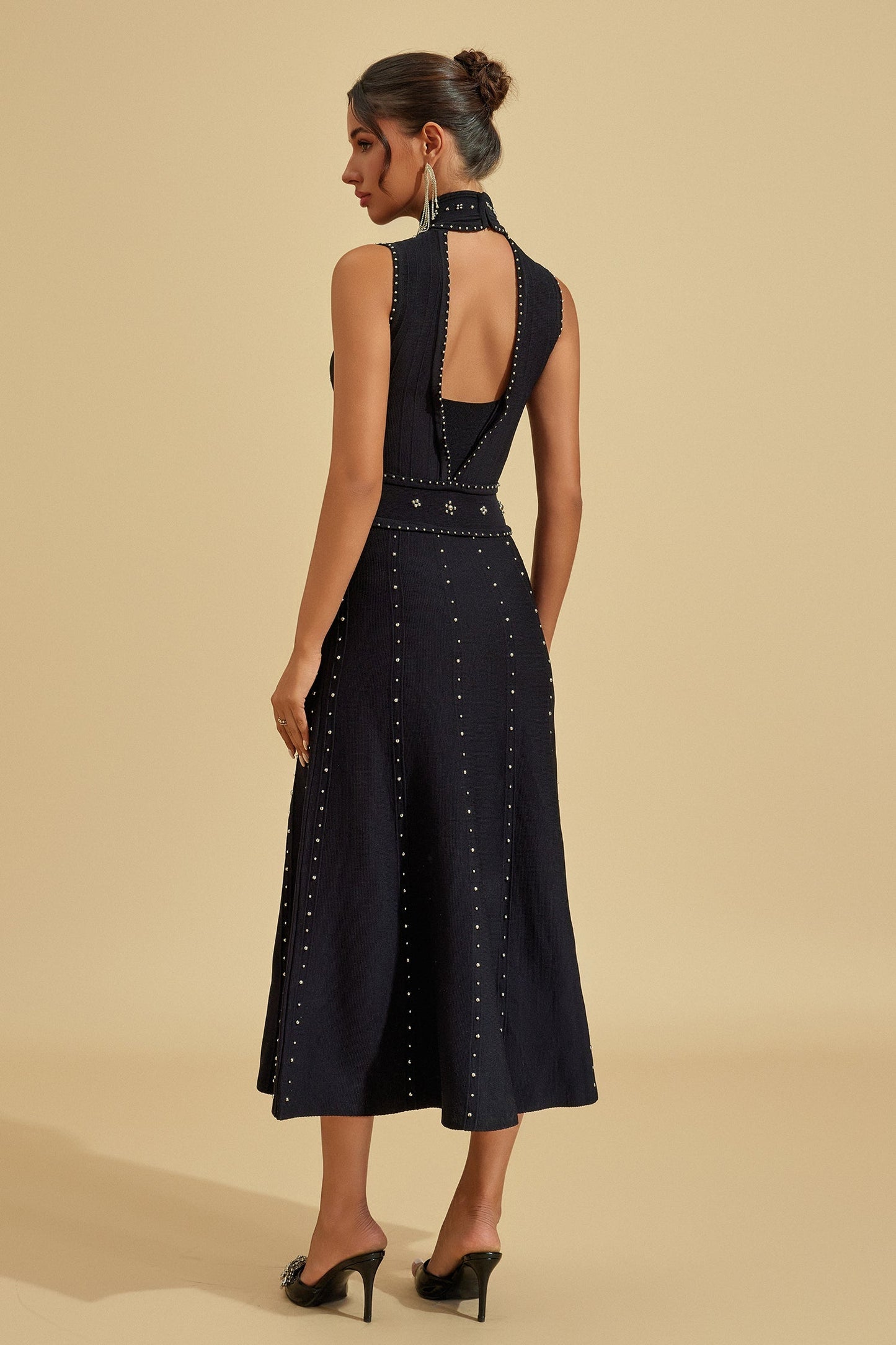 Elegant Embroidered High-Neck Midi Dress – A Statement of Sophisticated Style