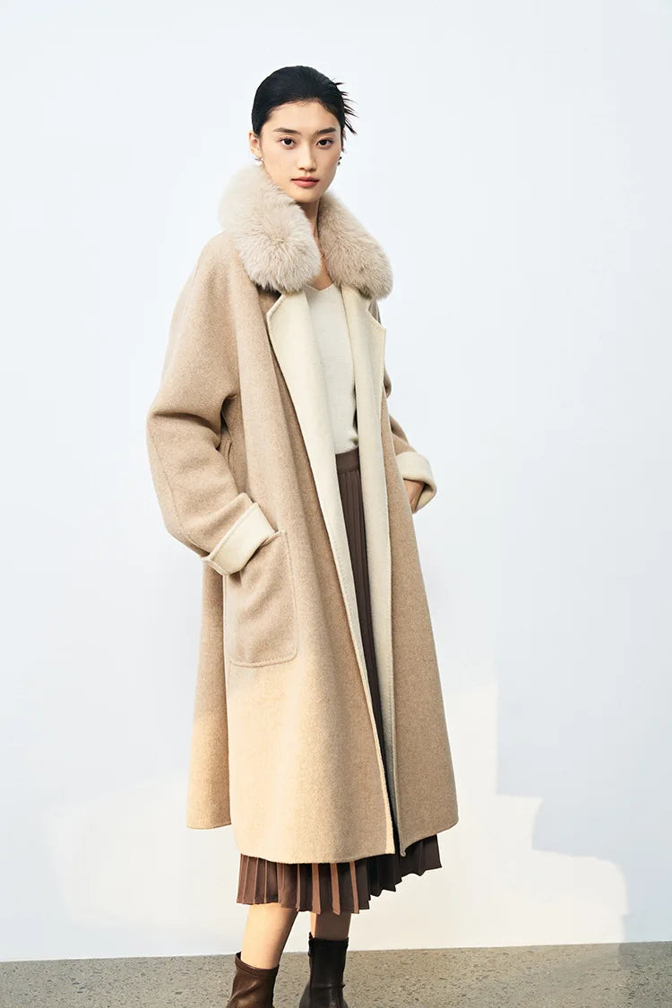 Winter Double-Sided Wool Coat – Long, Belted, with Removable Fox Fur Collar
