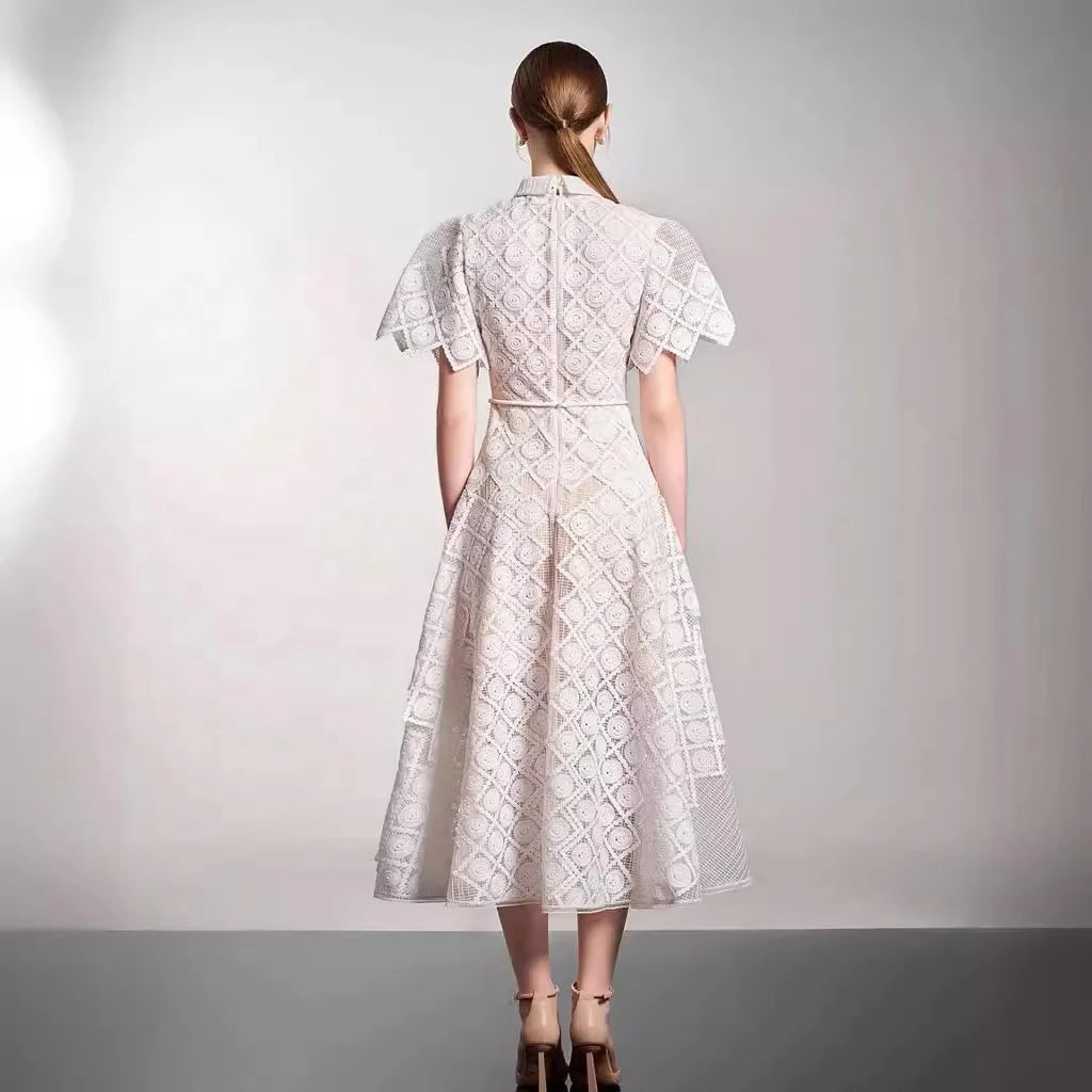Elegant Lace & Embroidery Detail Midi Dress