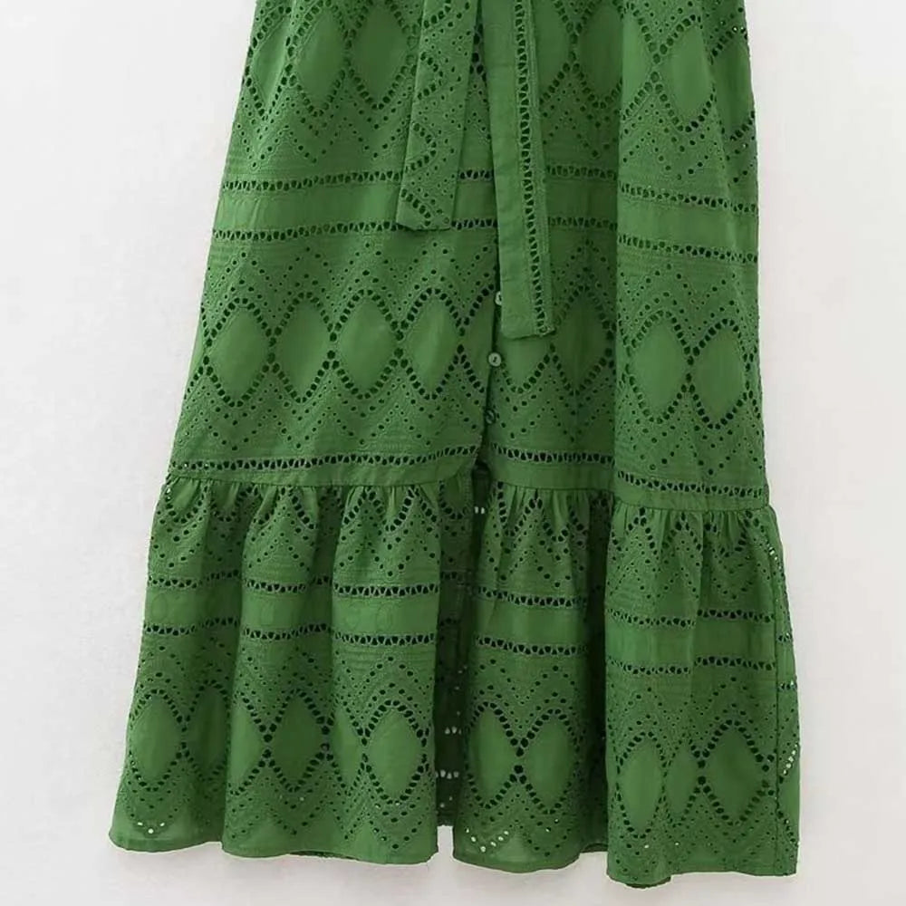 Elegant Embroidered Shirt-Style Midi Dress – Feminine, Cotton Comfort