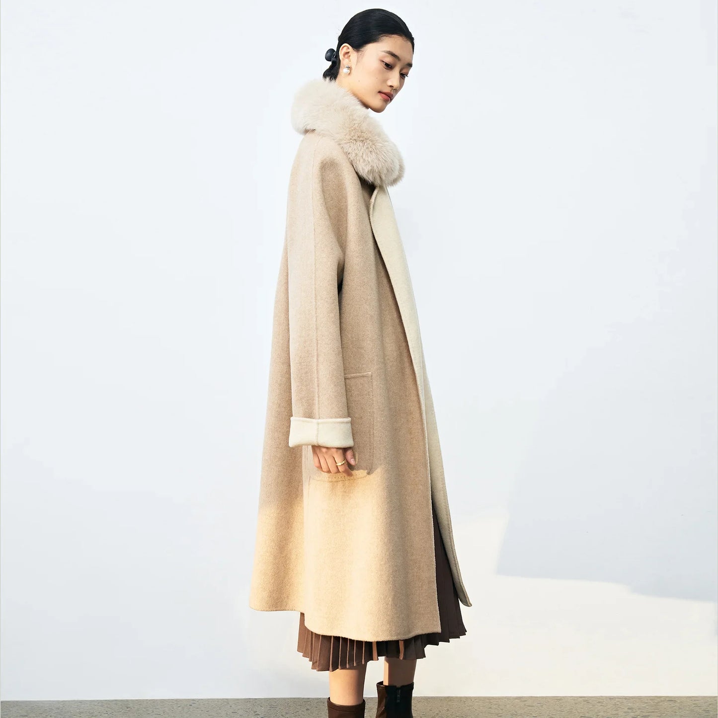 Winter Double-Sided Wool Coat – Long, Belted, with Removable Fox Fur Collar