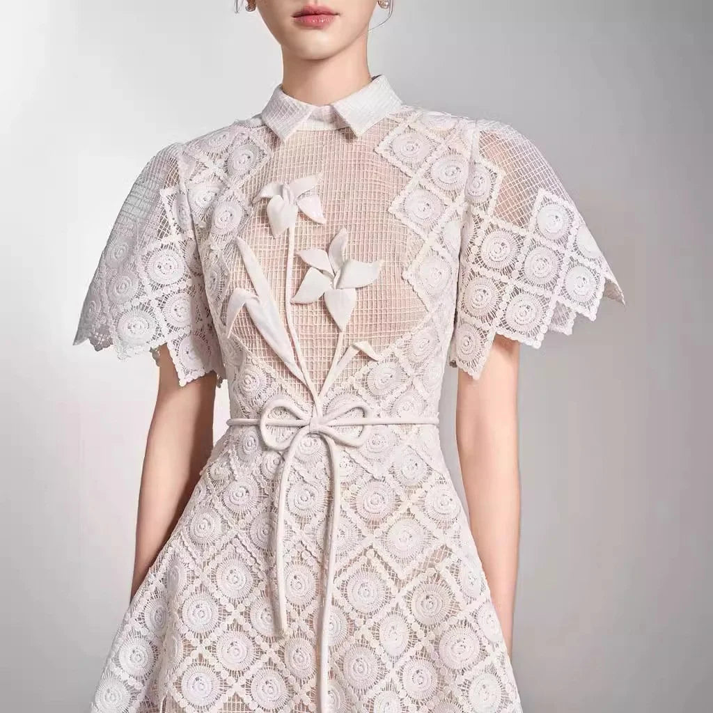 Elegant Lace & Embroidery Detail Midi Dress