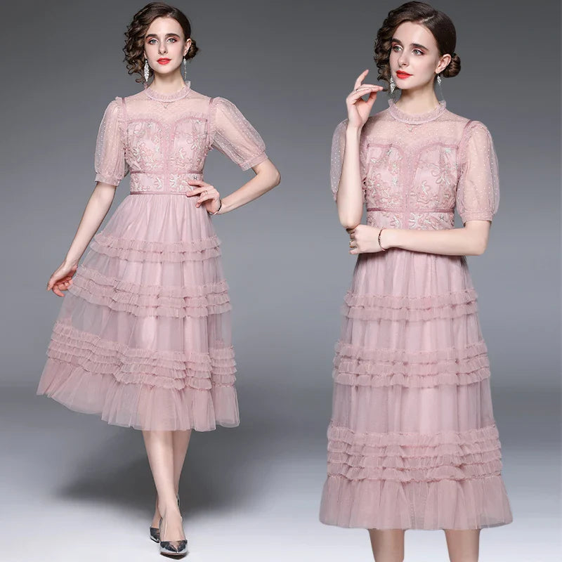 Lace Trim Ruffled Midi Dress – Vintage-Inspired Elegance