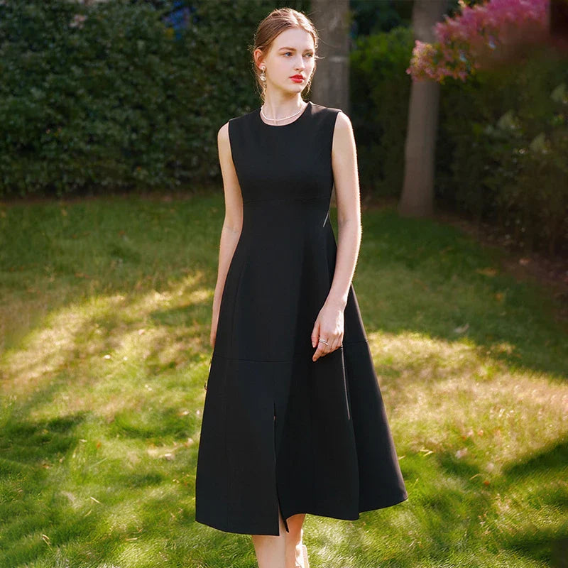 Classic Black Sleeveless A-Line Midi Dress with Slit