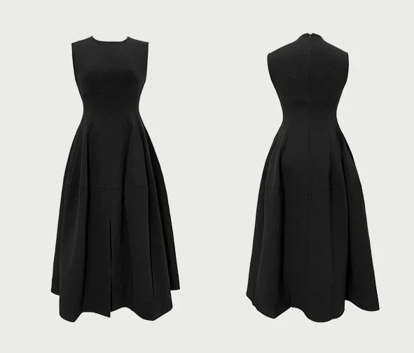 Classic Black Sleeveless A-Line Midi Dress with Slit