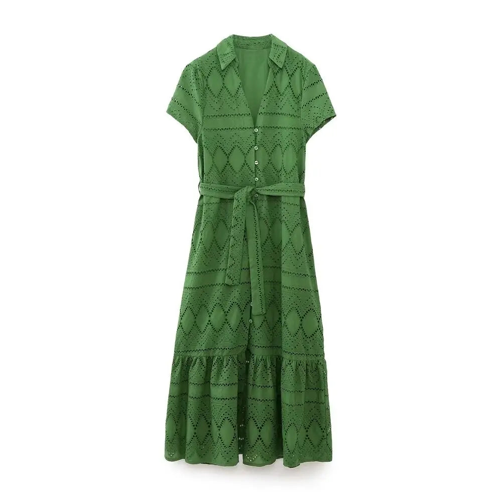 Elegant Embroidered Shirt-Style Midi Dress – Feminine, Cotton Comfort