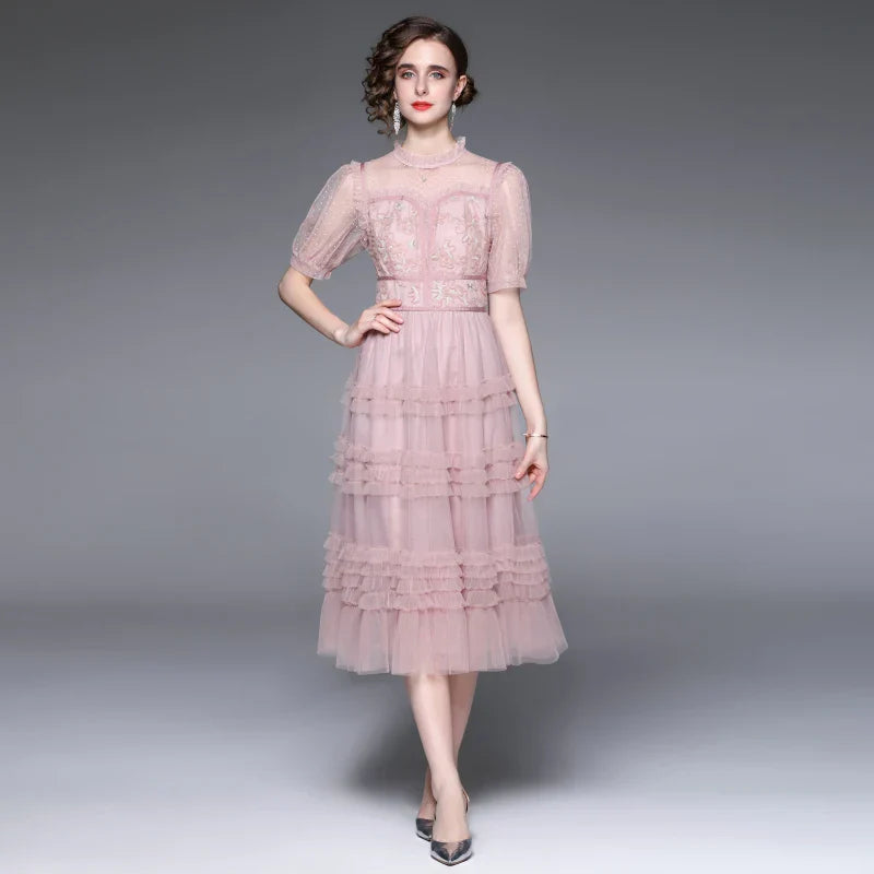 Lace Trim Ruffled Midi Dress – Vintage-Inspired Elegance