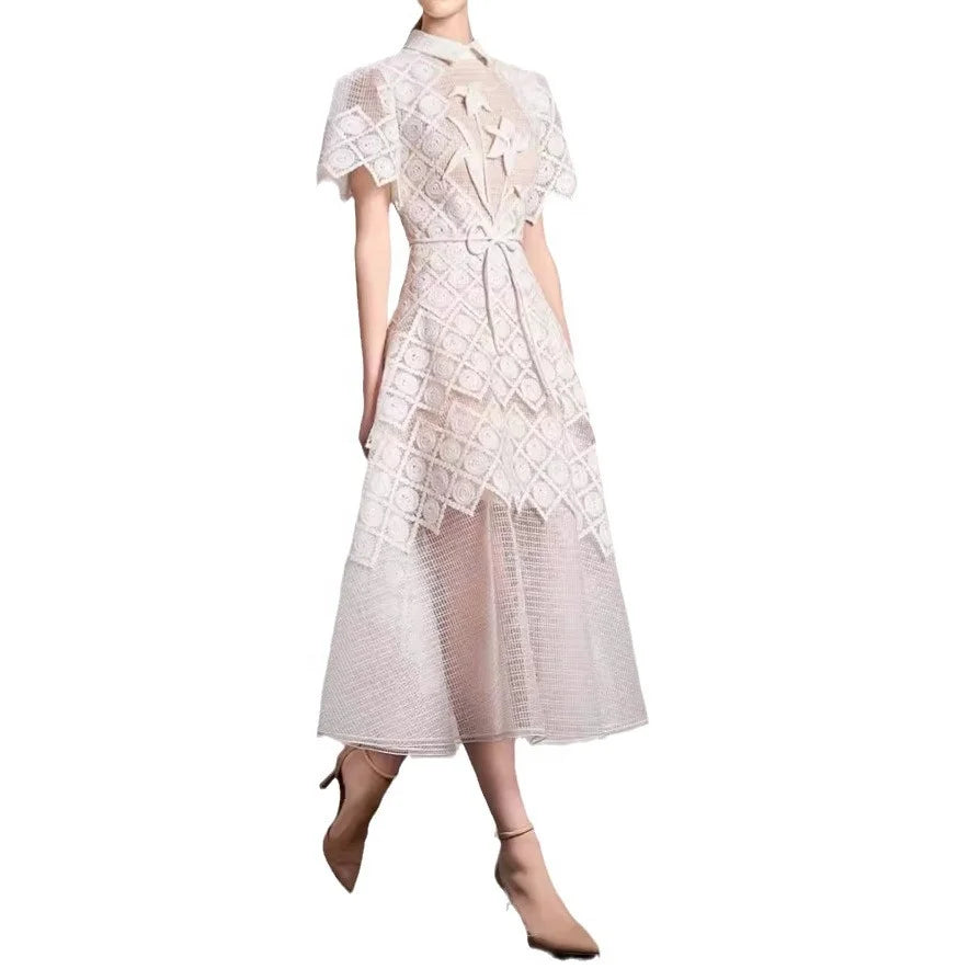 Elegant Lace & Embroidery Detail Midi Dress