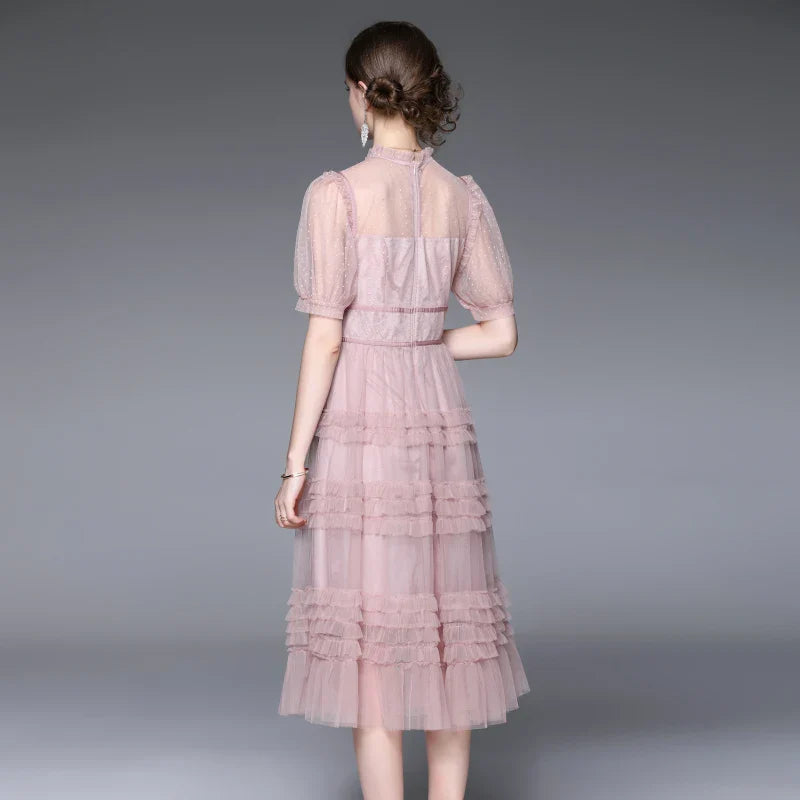 Lace Trim Ruffled Midi Dress – Vintage-Inspired Elegance