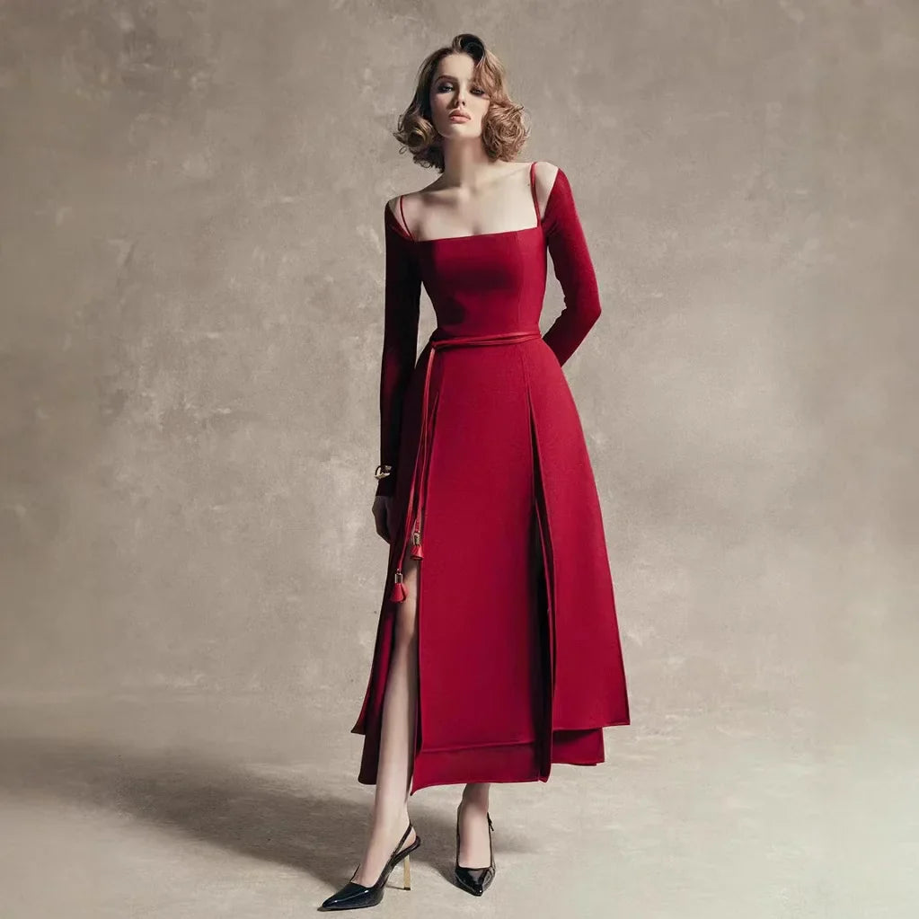 Luxury Cutout High-Neck Maxi Dress – Long Sleeve Red Elegance