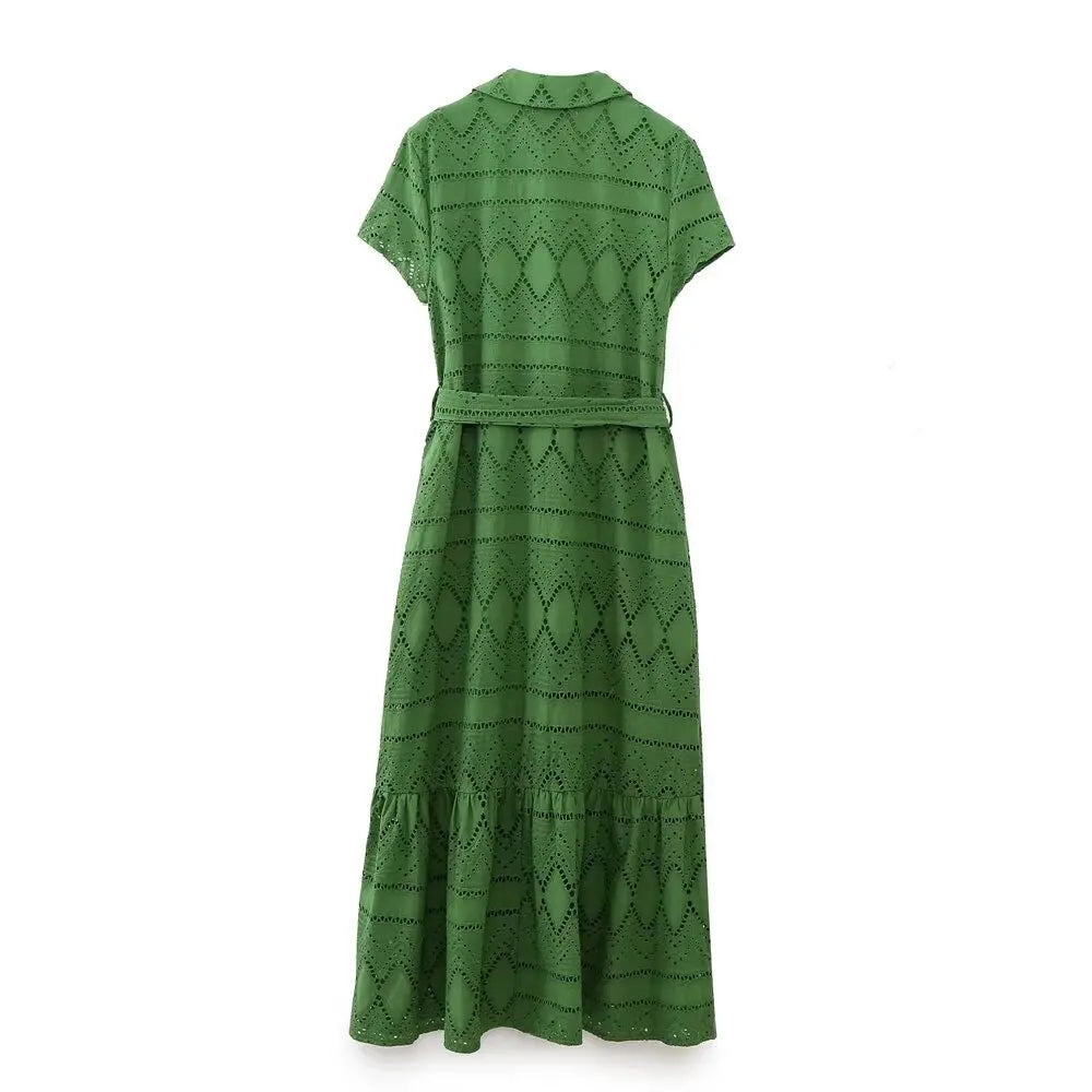 Elegant Embroidered Shirt-Style Midi Dress – Feminine, Cotton Comfort