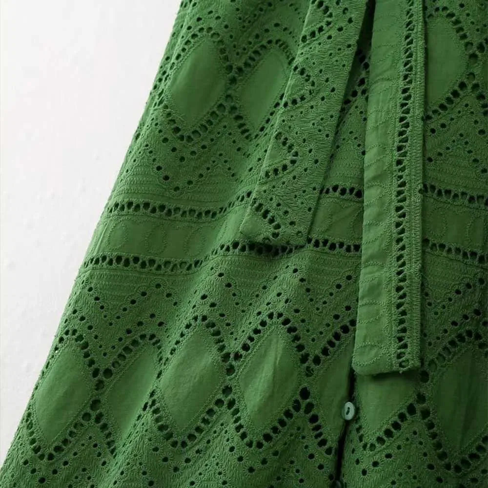 Elegant Embroidered Shirt-Style Midi Dress – Feminine, Cotton Comfort