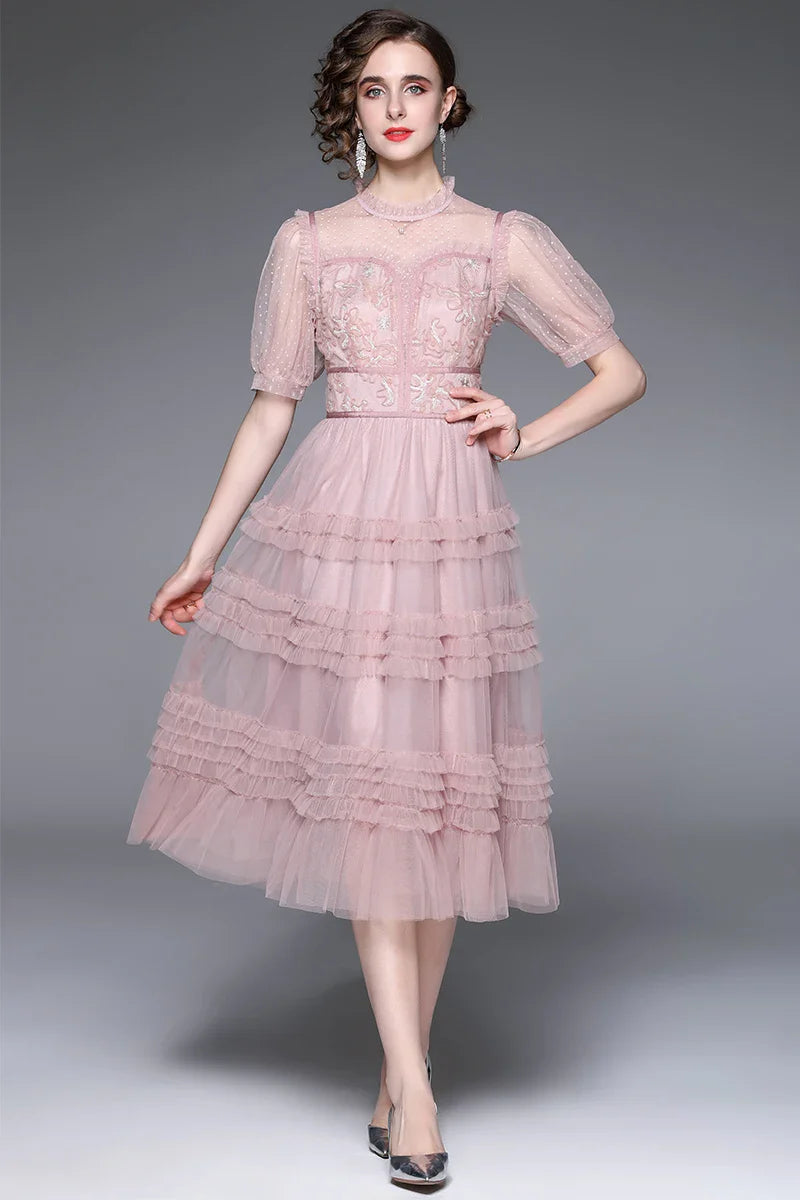 Lace Trim Ruffled Midi Dress – Vintage-Inspired Elegance