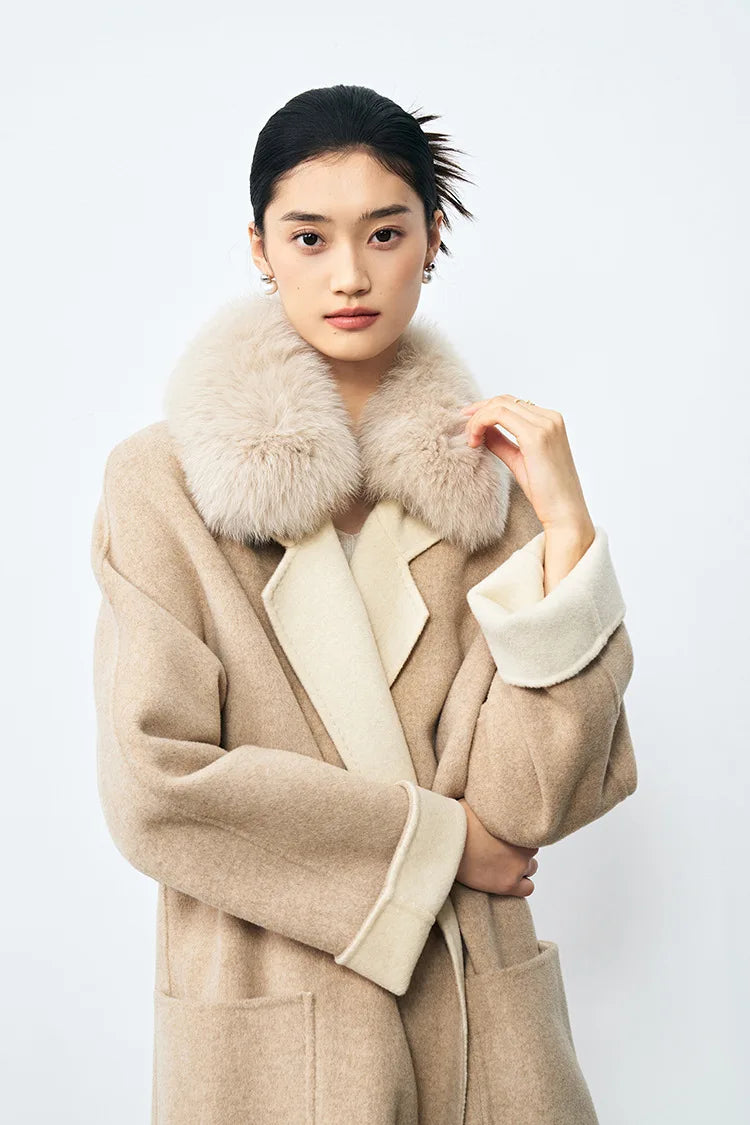 Winter Double-Sided Wool Coat – Long, Belted, with Removable Fox Fur Collar