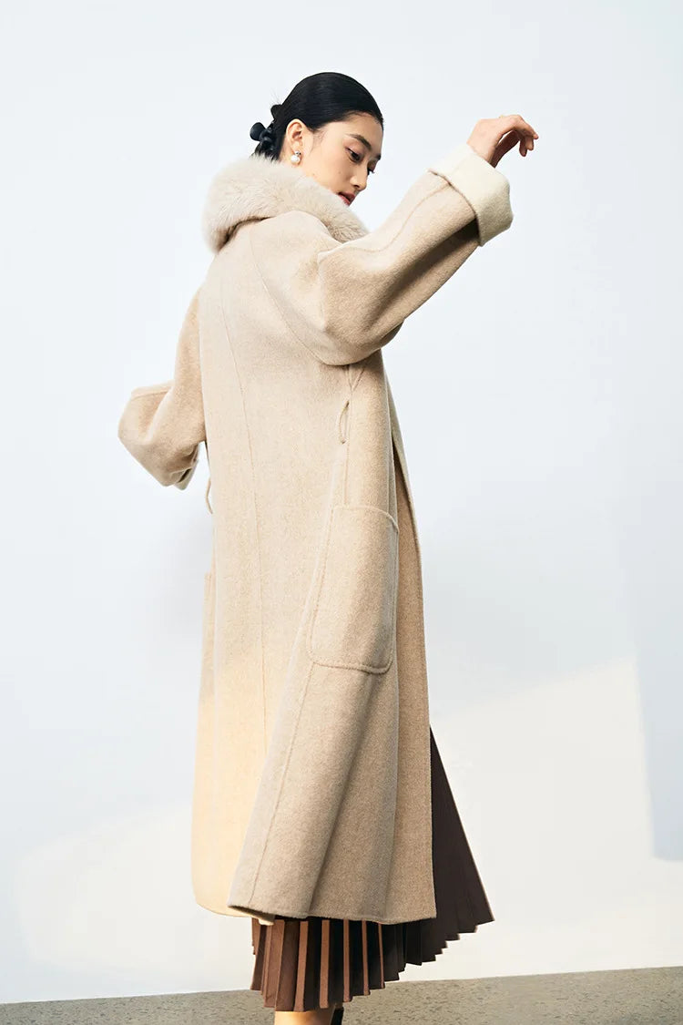 Winter Double-Sided Wool Coat – Long, Belted, with Removable Fox Fur Collar