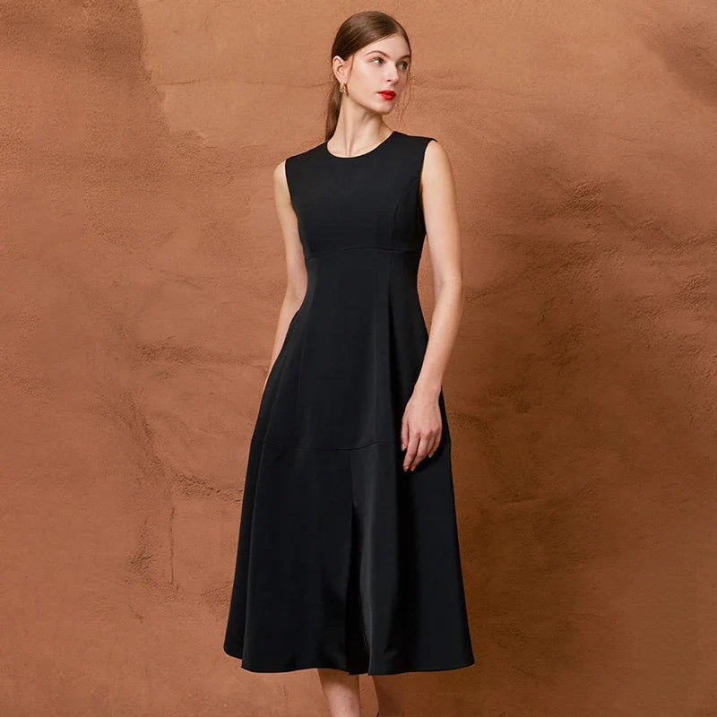 Classic Black Sleeveless A-Line Midi Dress with Slit