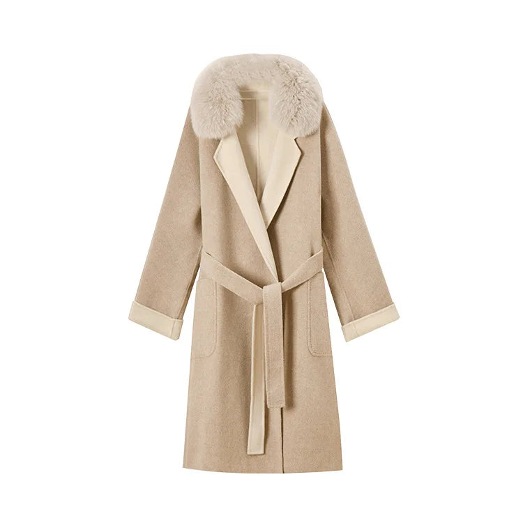 Winter Double-Sided Wool Coat – Long, Belted, with Removable Fox Fur Collar