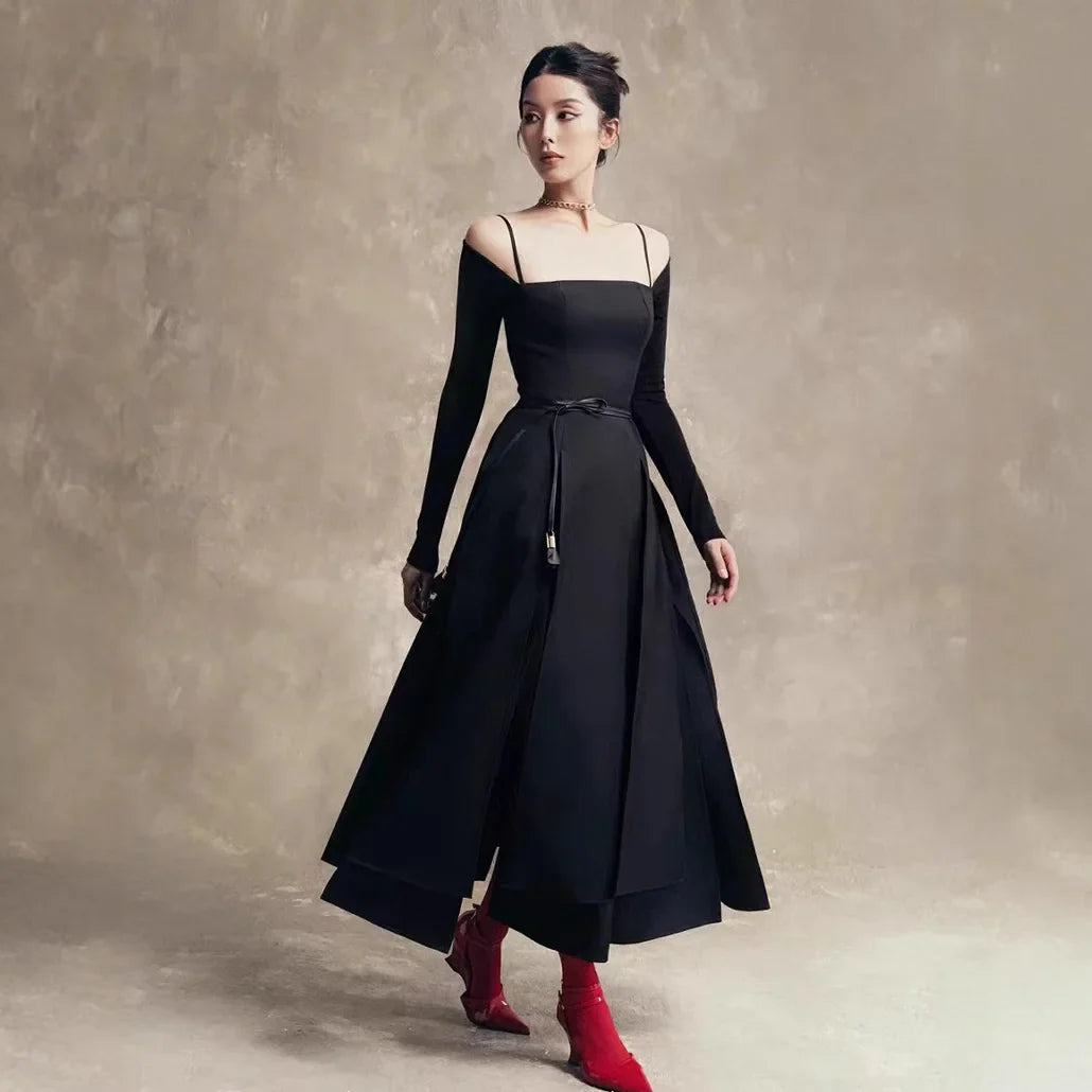 Luxury Cutout High-Neck Maxi Dress – Long Sleeve Red Elegance