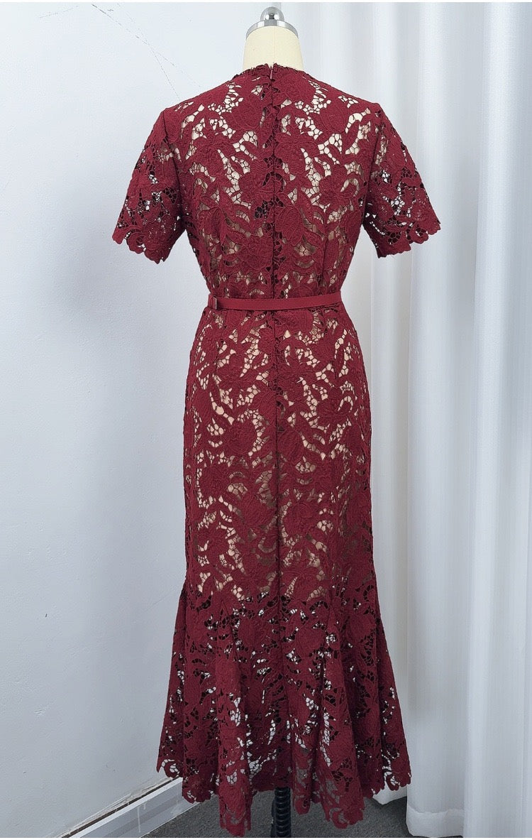 Bordeaux Lace Mermaid Midi Dress