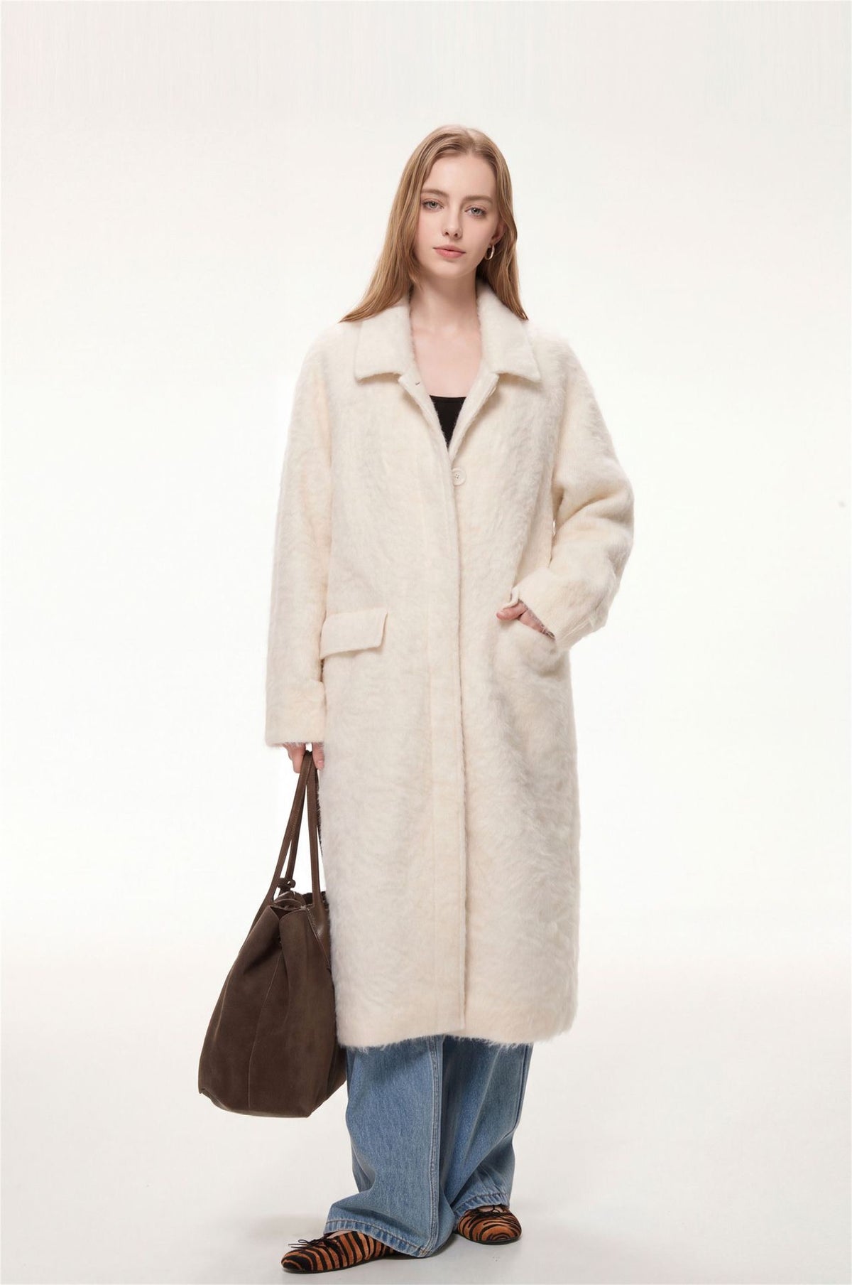 Elodie Wool-Blend Faux Fur Long Coat