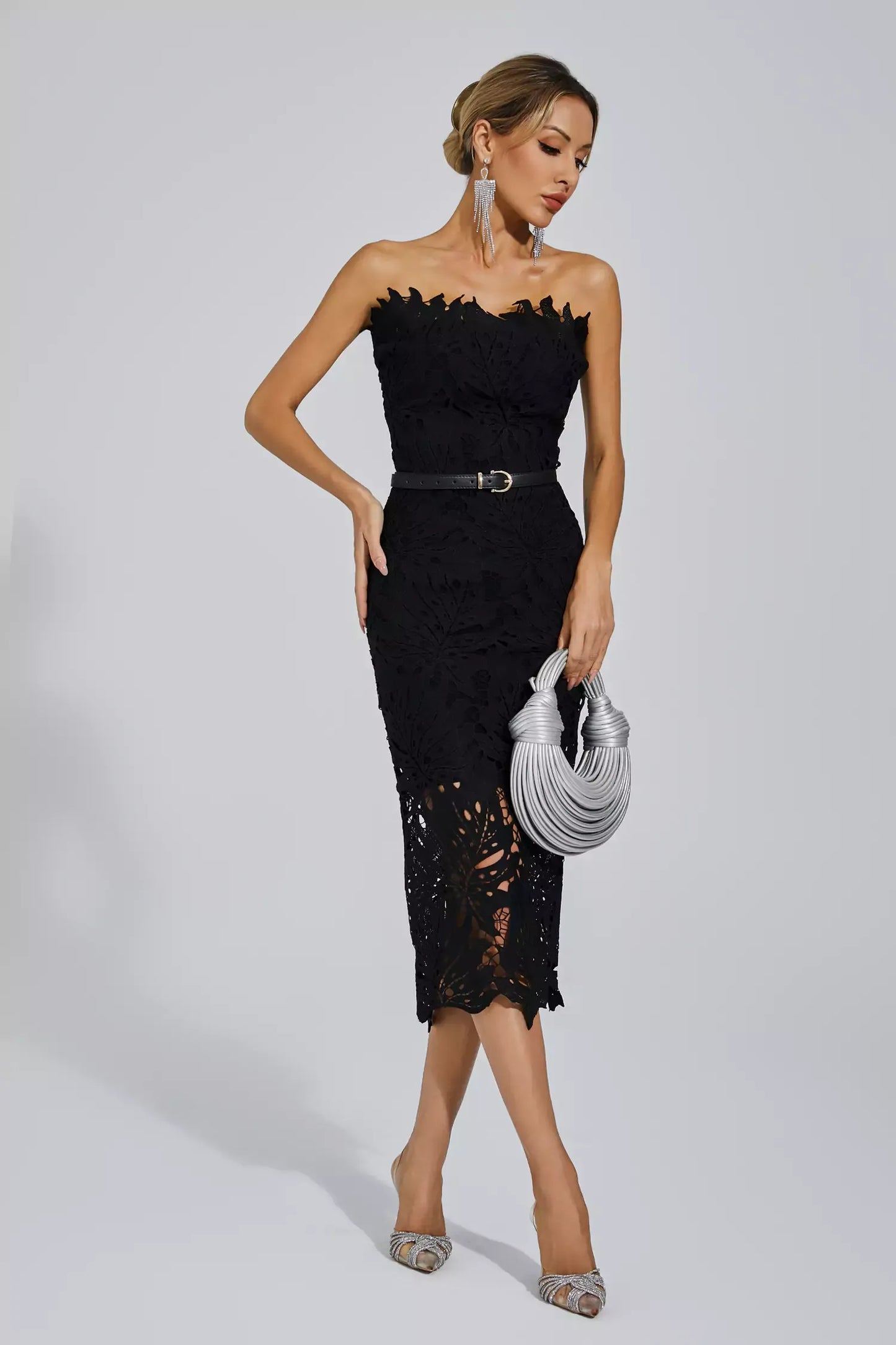 Lace Strapless Midi Evening Dress – Elegant & Captivating