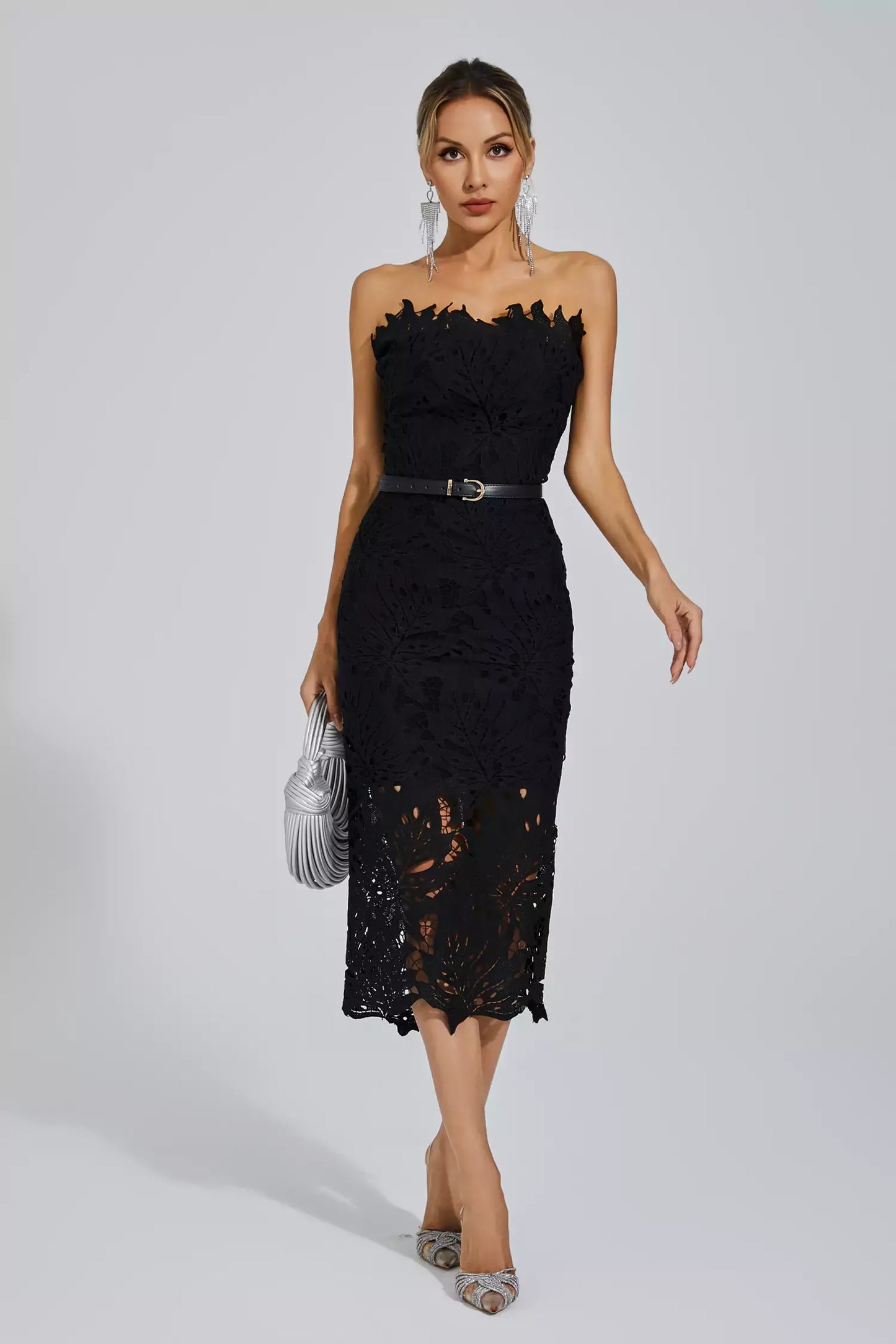 Lace Strapless Midi Evening Dress – Elegant & Captivating