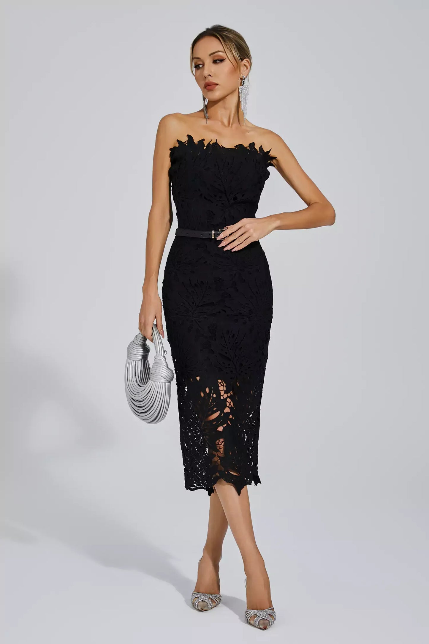 Lace Strapless Midi Evening Dress – Elegant & Captivating