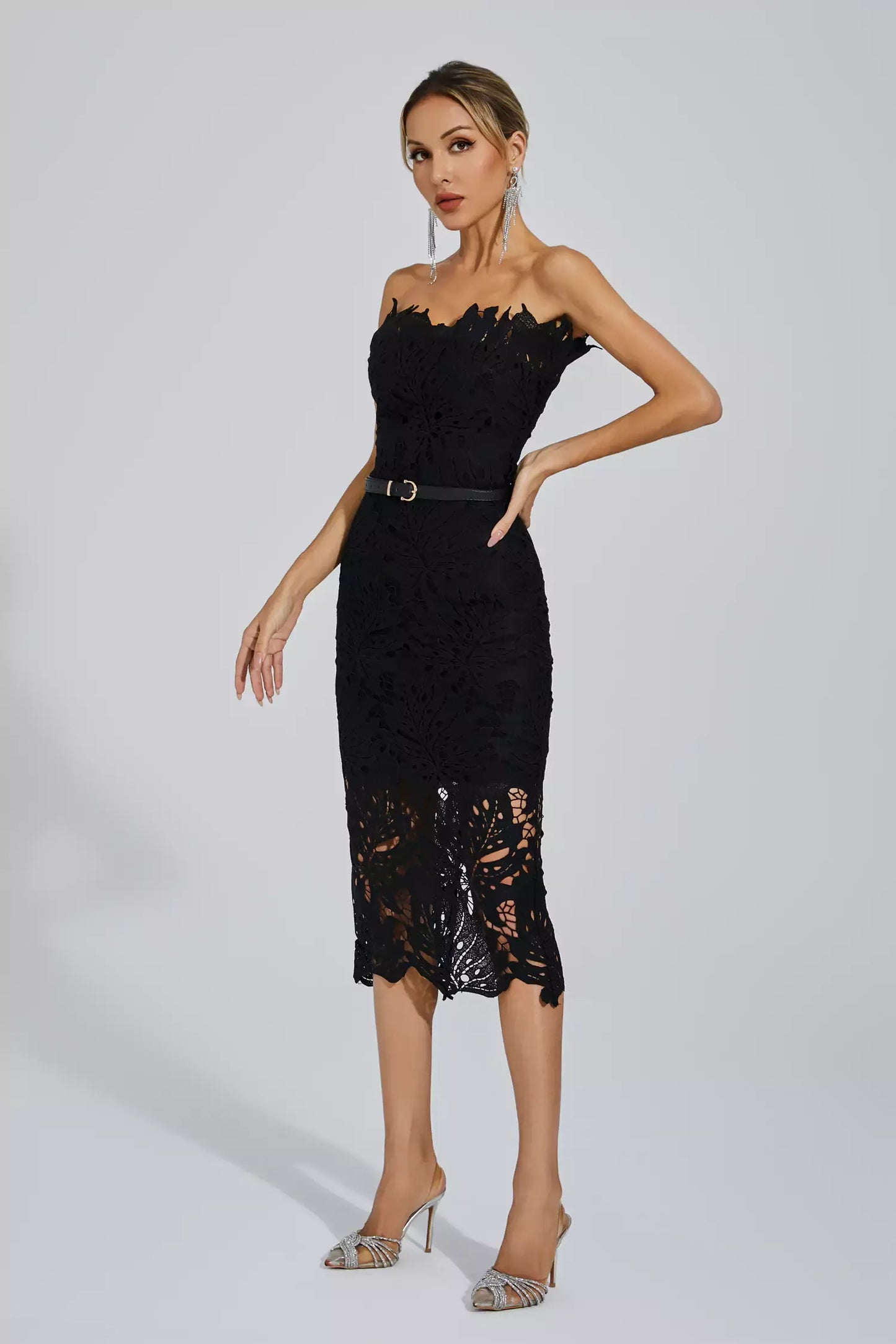 Lace Strapless Midi Evening Dress – Elegant & Captivating