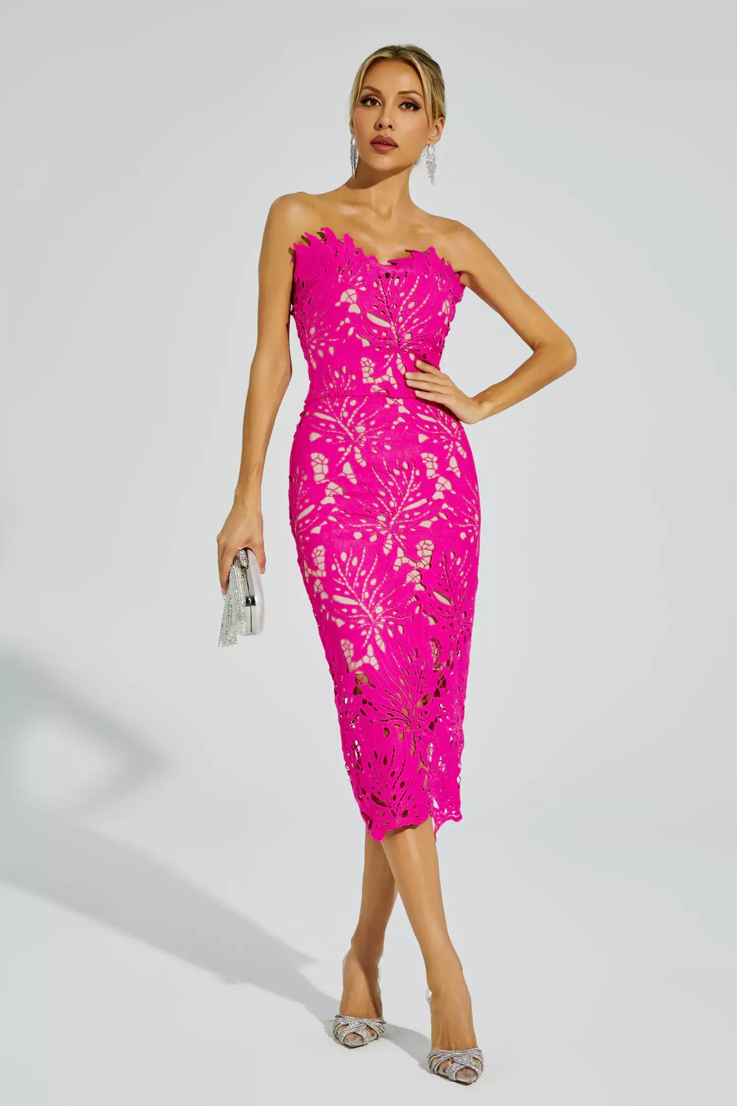 Lace Strapless Midi Evening Dress – Elegant & Captivating