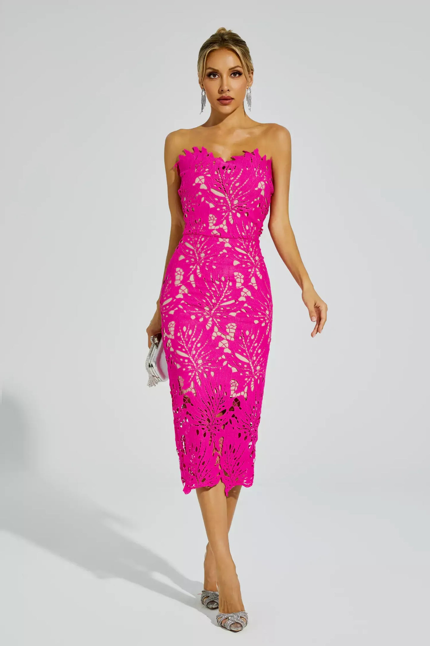 Lace Strapless Midi Evening Dress – Elegant & Captivating