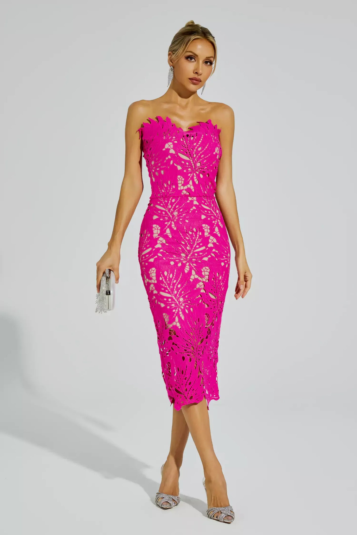 Lace Strapless Midi Evening Dress – Elegant & Captivating