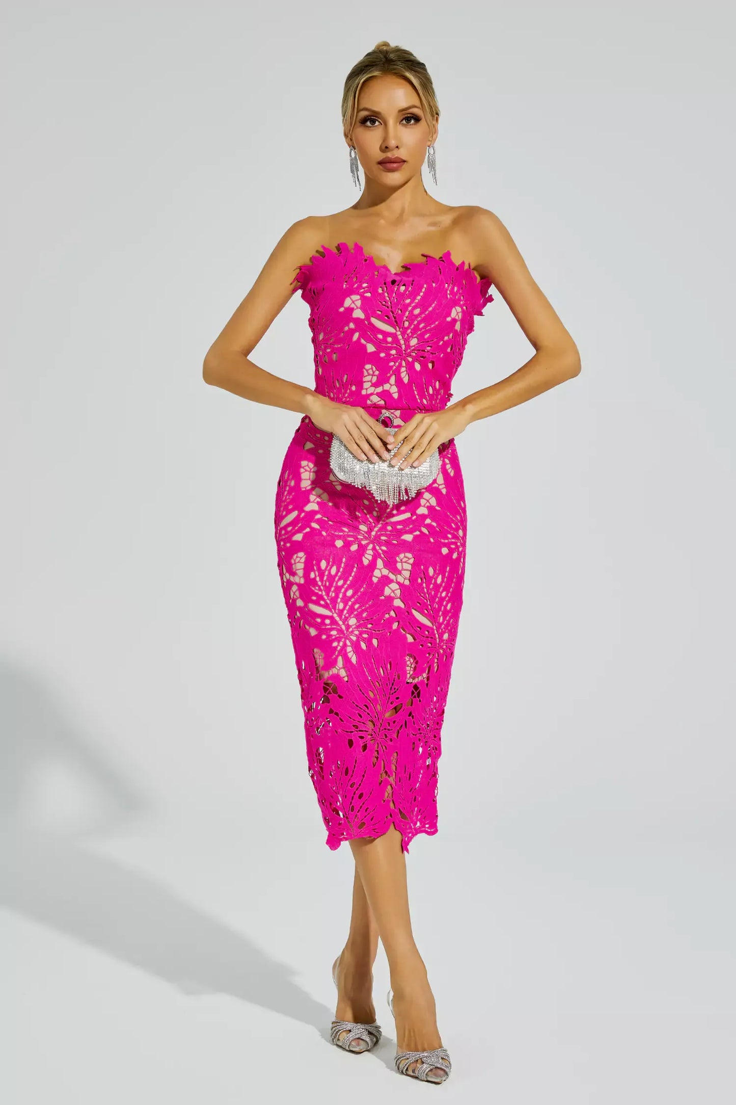 Lace Strapless Midi Evening Dress – Elegant & Captivating