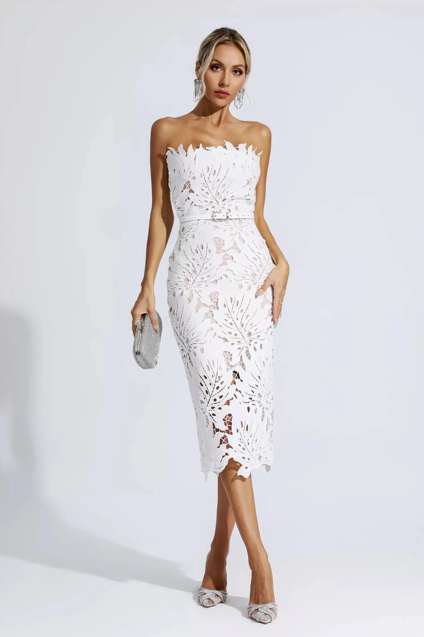 Lace Strapless Midi Evening Dress – Elegant & Captivating