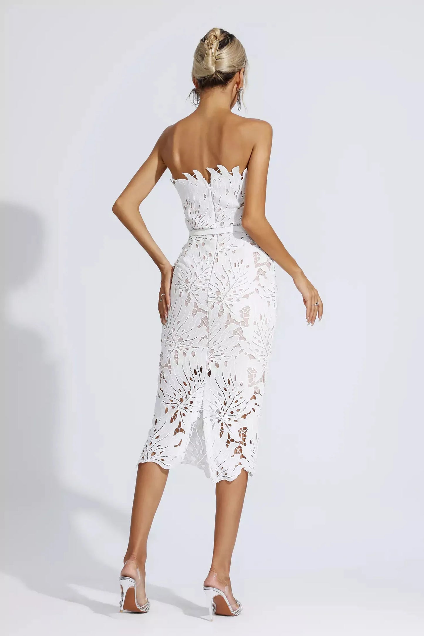 Lace Strapless Midi Evening Dress – Elegant & Captivating
