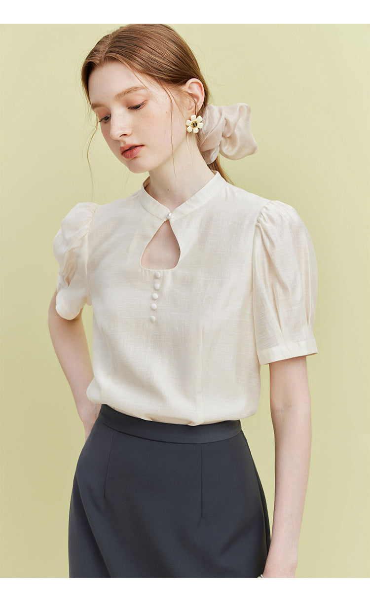 Elegant Ripple Collar Sheer Short Sleeve Blouse