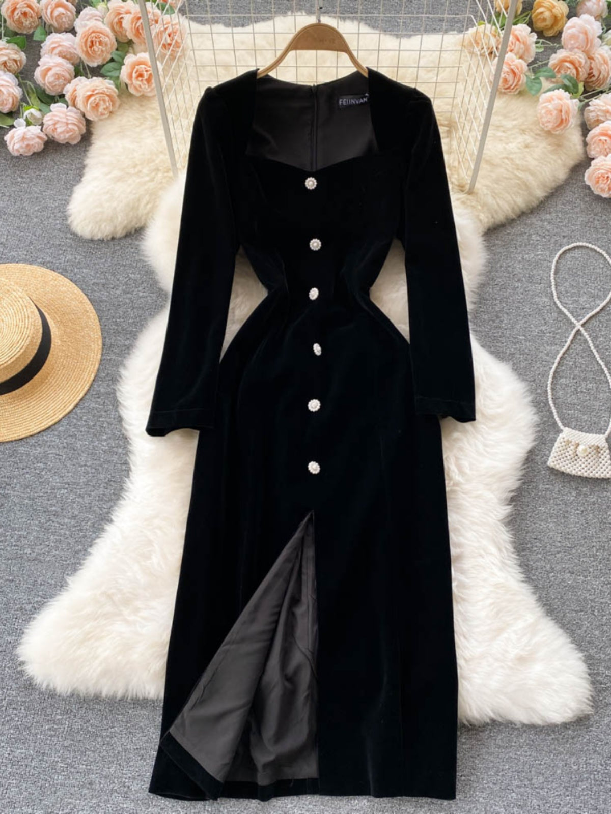 Black Velvet Elegant Slit Midi Dress – Classic French Sophistication