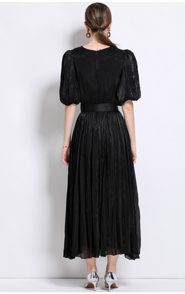 Shimmering Ruched Maxi Dress with Puff Sleeves
