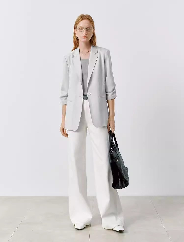 Pearl Grey Buttoned Cropped Jacket with Three-Quarter Sleeves