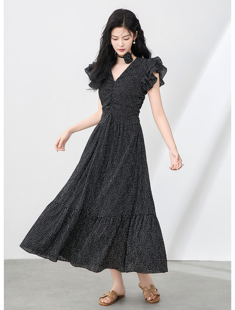 Romantic Polka Dot Midi Dress with Ruffle Sleeves and Necklace Detail