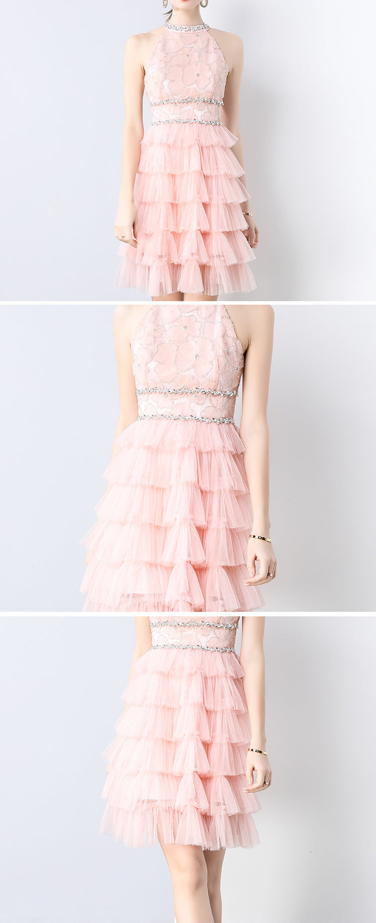 Crystal Chain Halter Neck Layered Tulle Dress