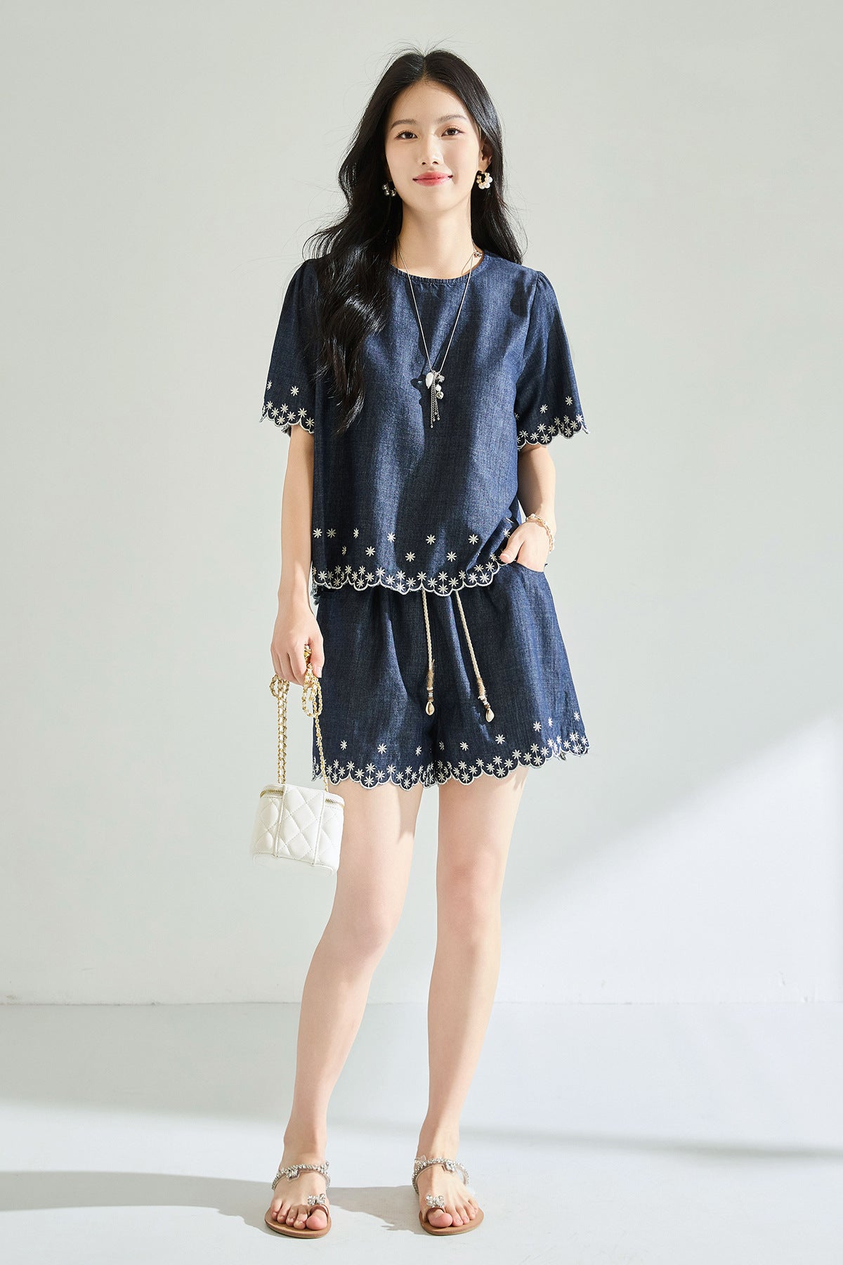 Embroidered Denim Two-Piece Set with High-Waisted Shorts
