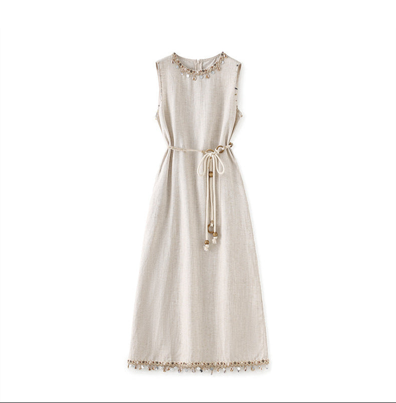 Boho Linen-Tencel Dress with Shell Detail and Removable Buckle Necklace