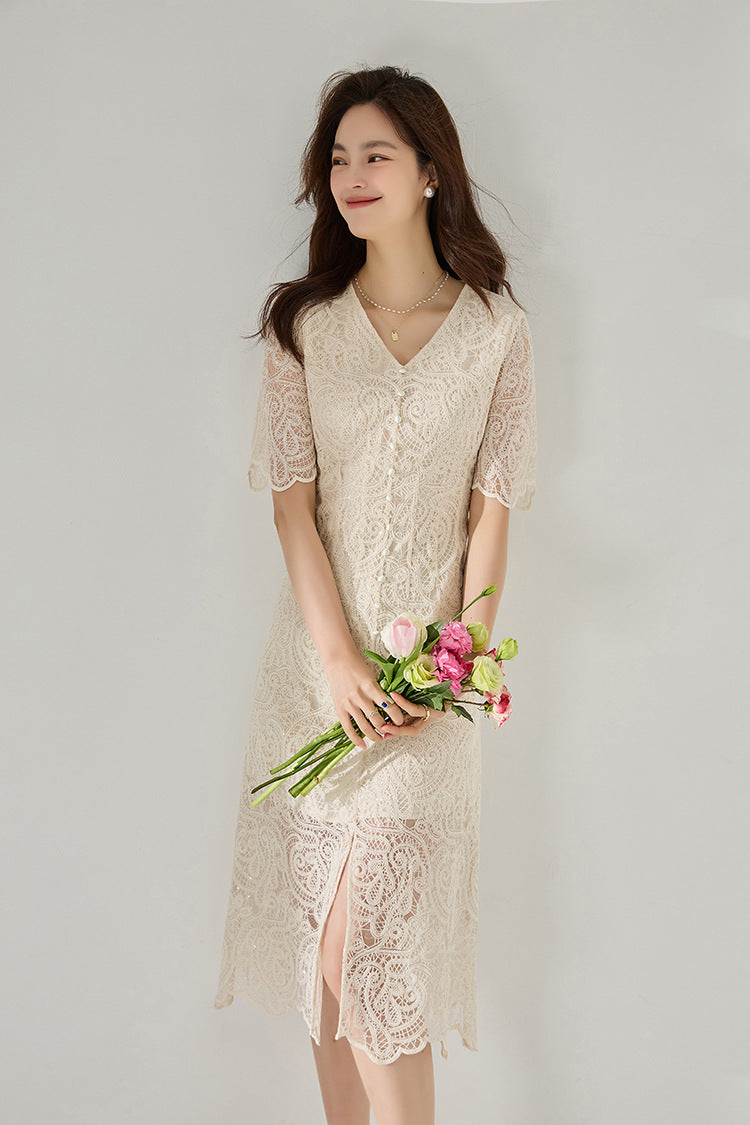 90% Cotton Blend in Soft Ecru Elegant Lace Midi Dress