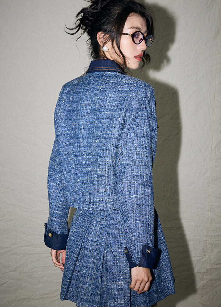 French Retro Pleated Blazer and Skirt Set – Chanel-Inspired Denim Elegance