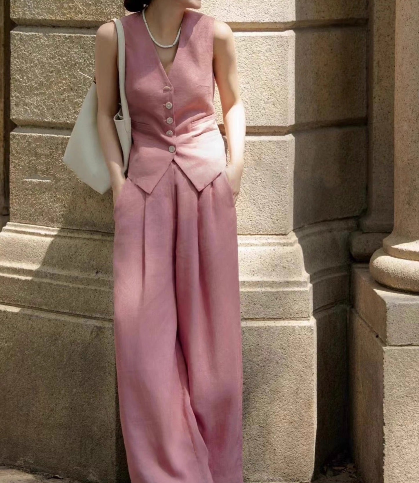 Pink Linen Vest & Wide-Leg Trousers Set – Elegant, Breezy, Timeless