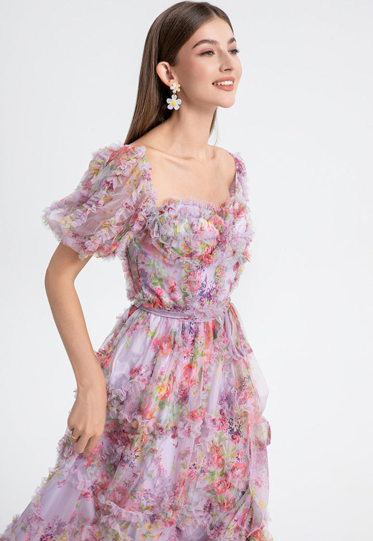 Square Neck Ruffle Sleeve Tulle Fairy Dress