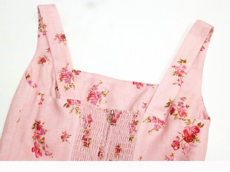 Pink Linen Summer Dress with Square Neckline – French Retro Vibes